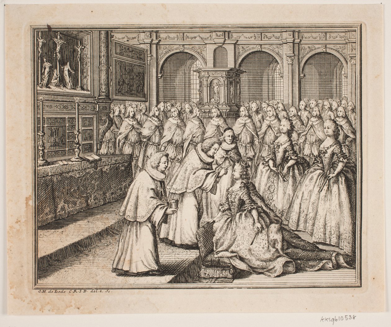 Biskop Hersleb salver Dronning Louise i Frederiksborg Slotskirke. Illustration til Frederik d. IV