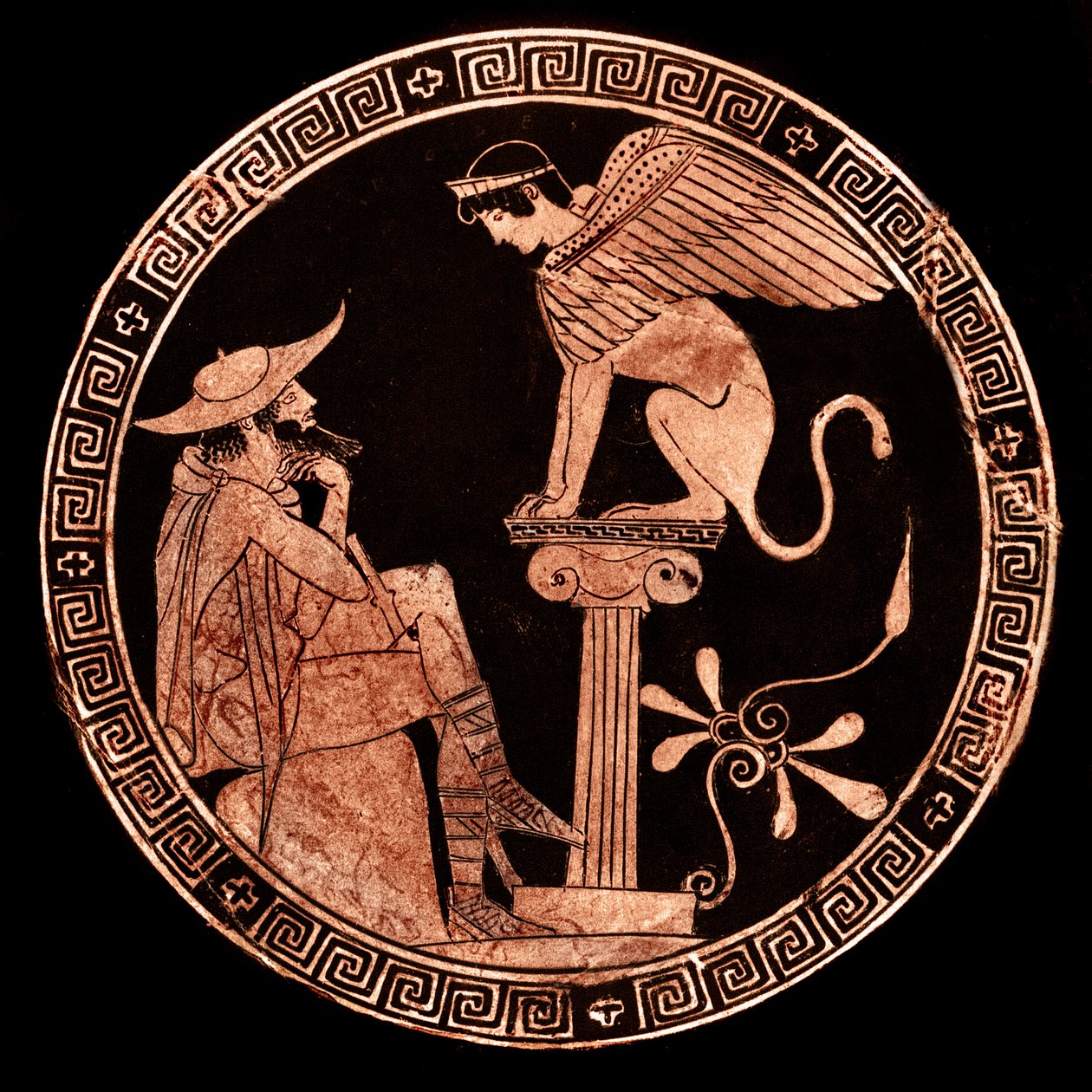 Rød figur Attic kylix forestillende Ødipus og Sfinxen, Vulci, ca. 470 f.Kr. (keramik) af Oedipus Painter (attr. to)