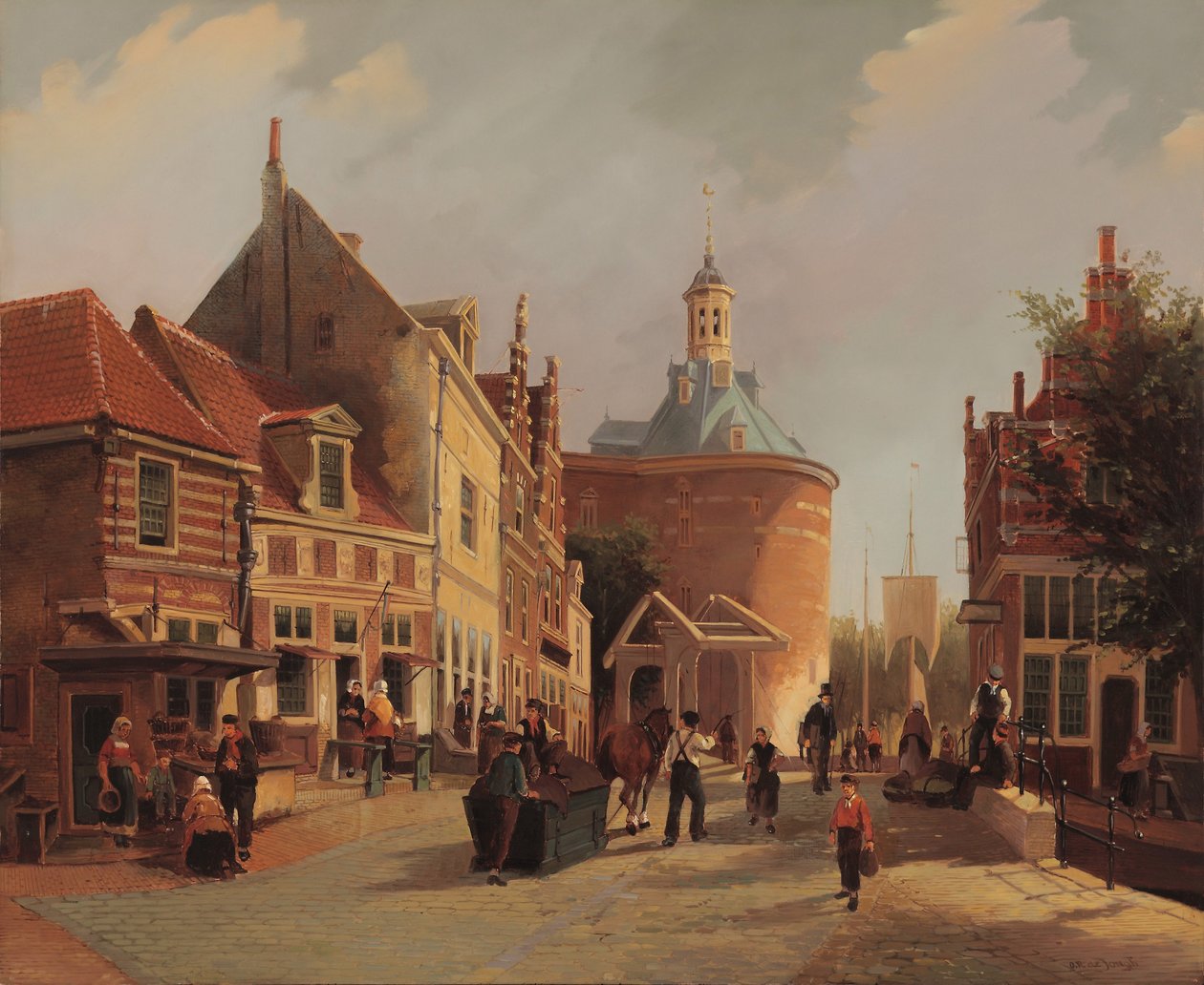 Udsigt over Zuiderspui med Drommedaris i byen Enkhuizen af Oene Romkes de Jongh