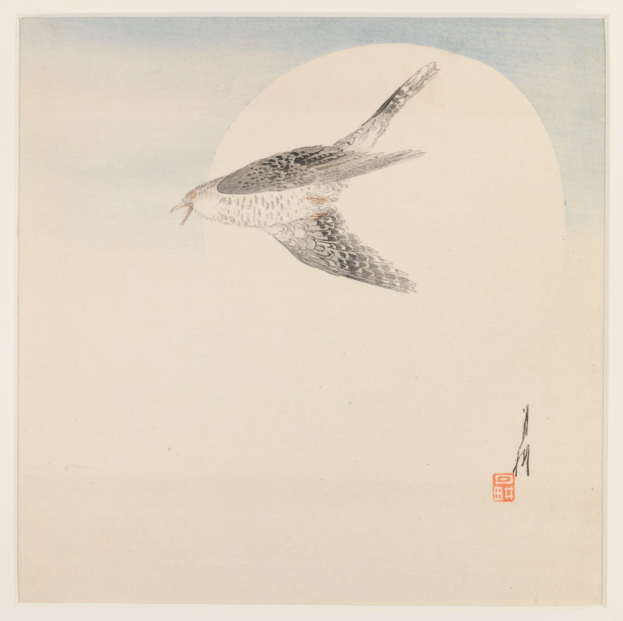 Nightingale Flying by Moon, ca. 1890-1910 (træblok farvetryk) af Ogata Gekko
