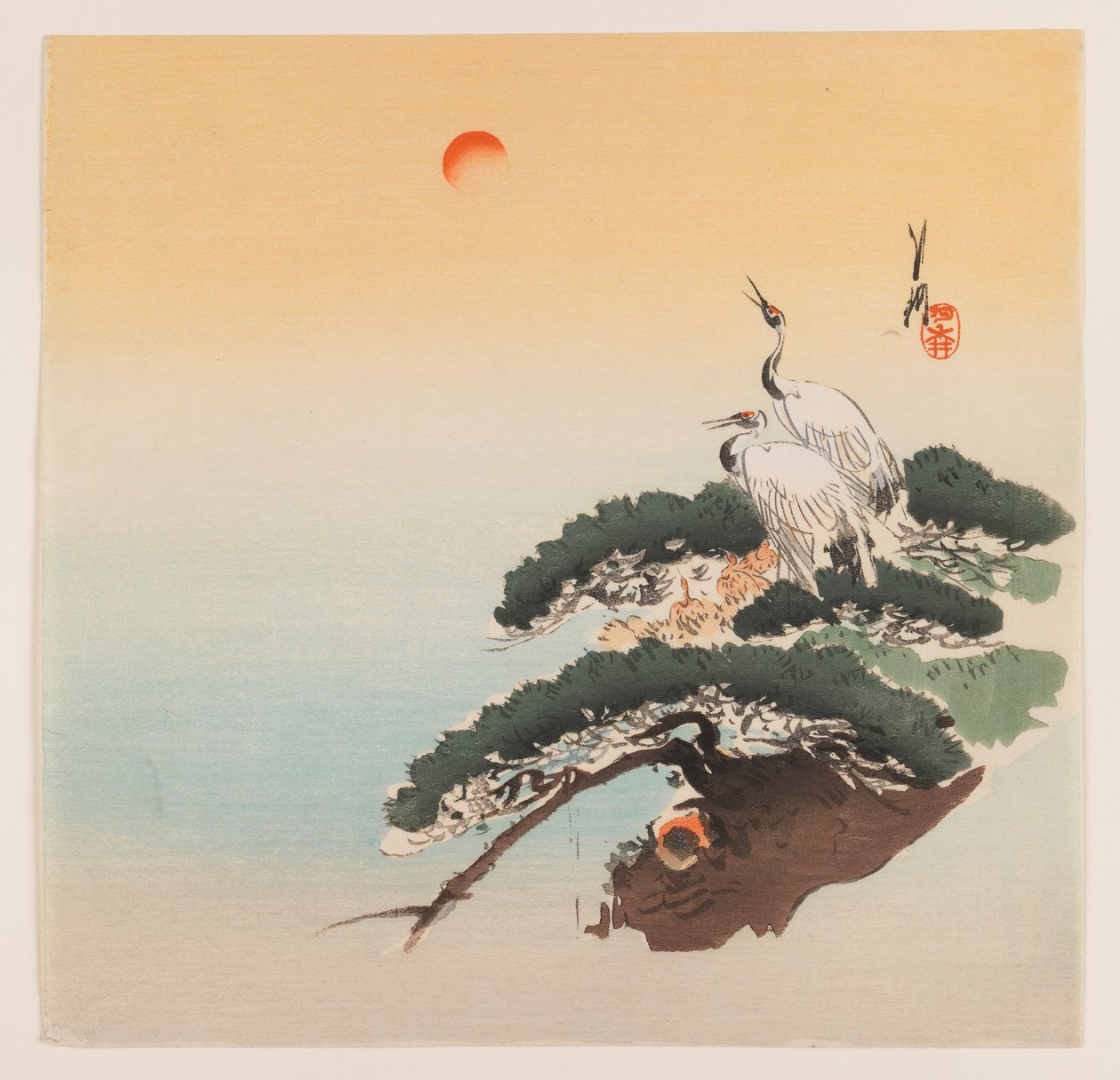 Par kraner på en gren, ca. 1890-1910 (træblok farvetryk) af Ogata Gekko
