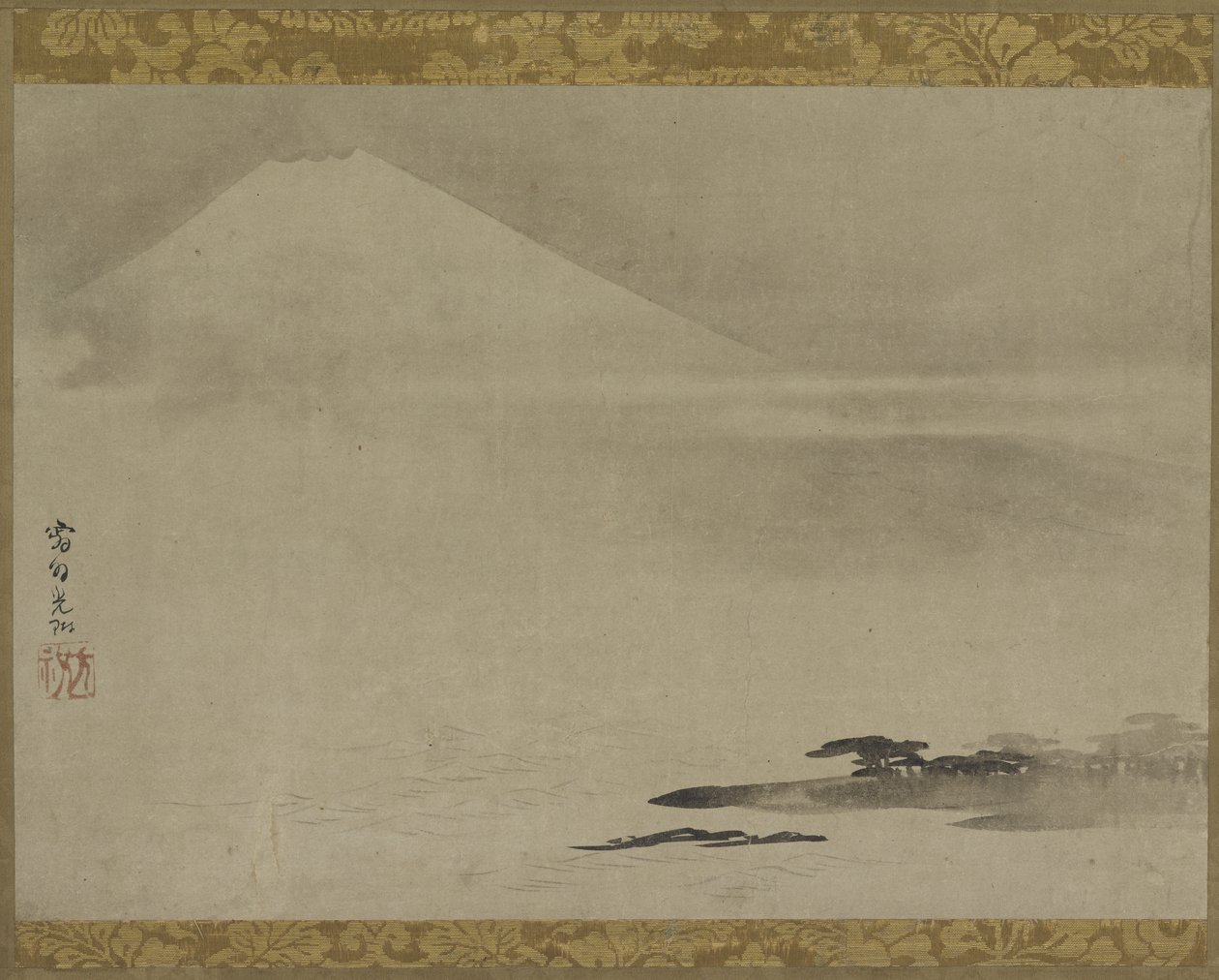 Landskab: Fuji-bjerget fra havet, hængende rulle (monteret på panel), slutningen af det 17.-begyndelsen af det 18. århundrede (blæk på papir) af Ogata Korin