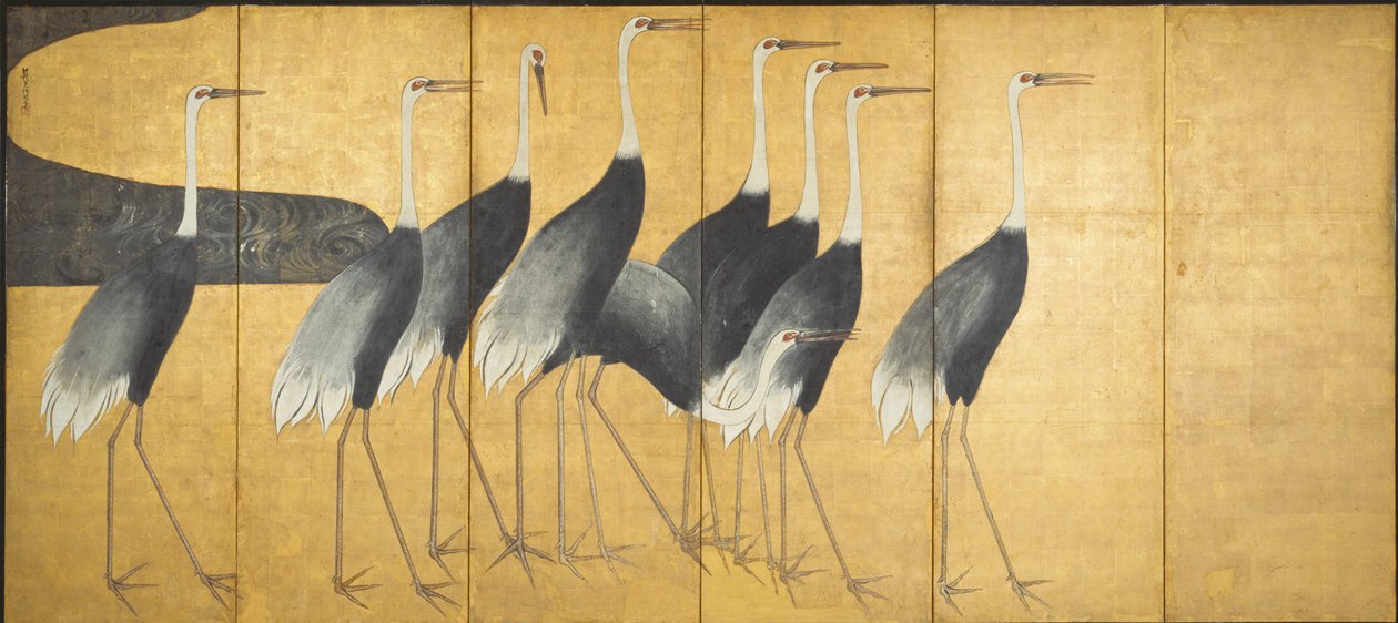 Skærm med seks paneler, der viser kraner, Edo-periode (blæk, farve, guld og sølv på papir) af Ogata Korin