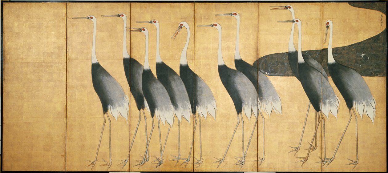 Skærm med seks paneler, der viser kraner, Edo-periode (blæk, farve, guld og sølv på papir) af Ogata Korin