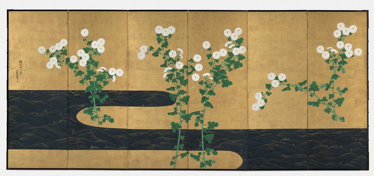Chrysanthemums by a Stream, par foldeskærme med seks paneler, slutningen af 1700-tallet-begyndelsen af 1800-tallet (blæk og farve på forgyldt papir) af Ogata (follower of) Korin