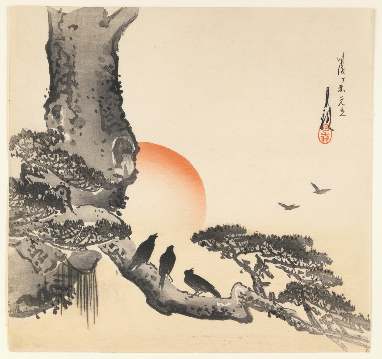 Krager på en træstamme, Meiji-perioden, ca. 1890-1910 (træblok i farver) af Ogata Gekko