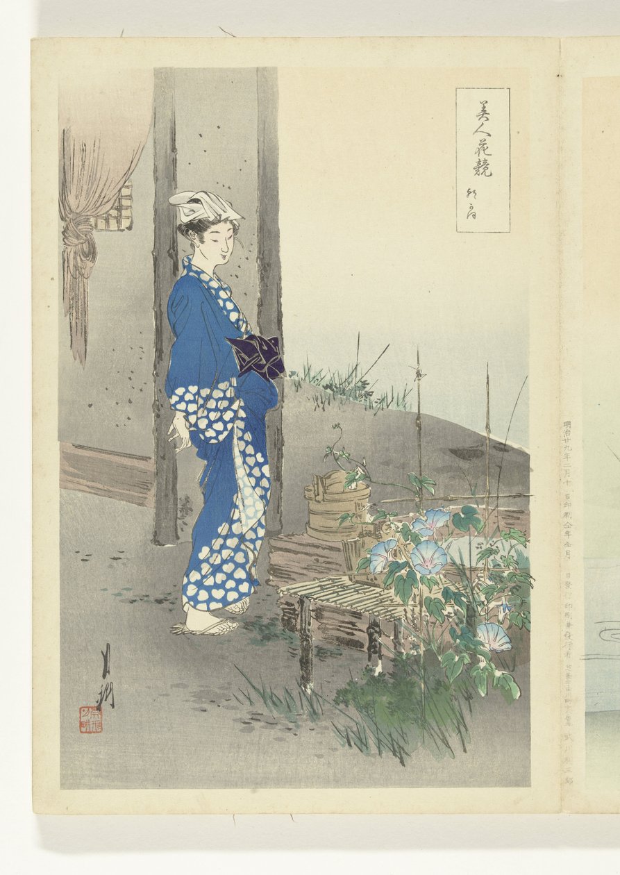 Poet Kaga no Chiyo (titel på objekt) Sammenligninger mellem skønheder og blomster (serietitel) Bijin hana kurabe (serietitel på objekt) af Ogata Gekko