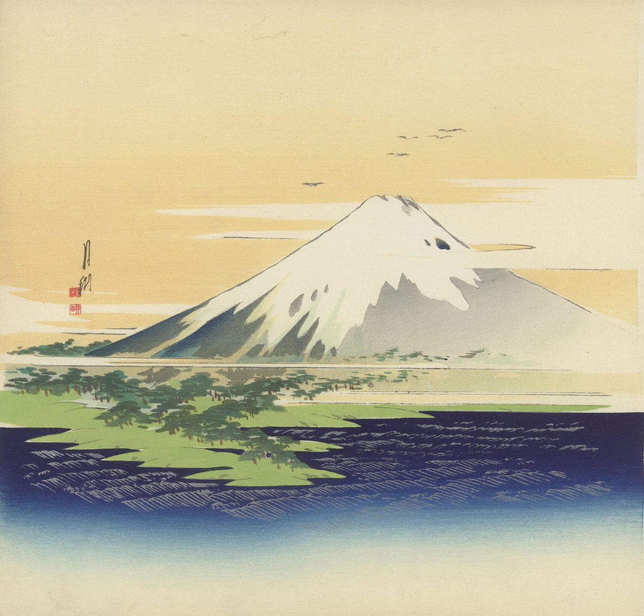 Fuji fra stranden ved Mio, 1900-10 (træbloktryk) af Ogata Gekko