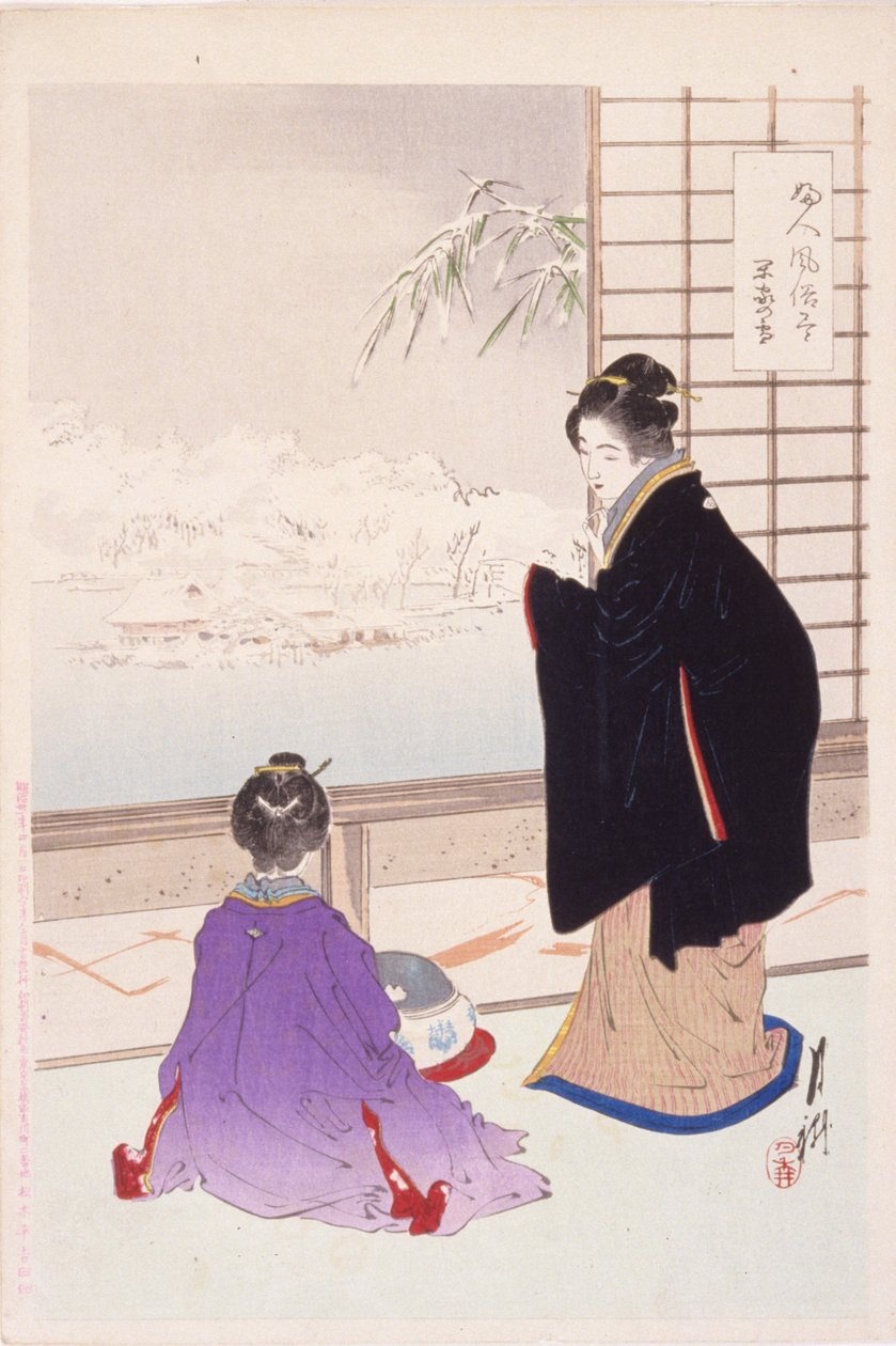 Snow And A Quiet House (Kanka No Yuki) (træbloktryk i farver) af Ogata Gekko