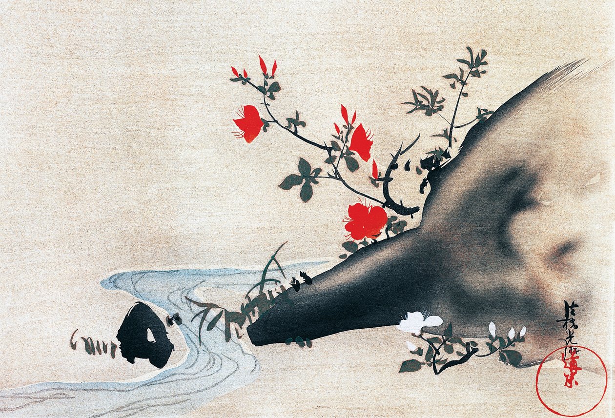 Azaleaer og vandløb, kakemonoer (hængte ruller) malet på silke af Korin Ogata (1658-1716), Edo-perioden (1603-1868), Japan af Ogata Korin