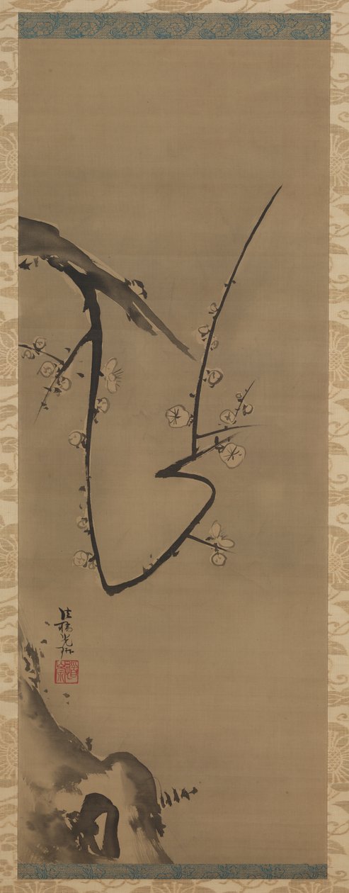 Prunus, hængende rulle, ca. 1700 (blæk på silke) af Ogata Korin
