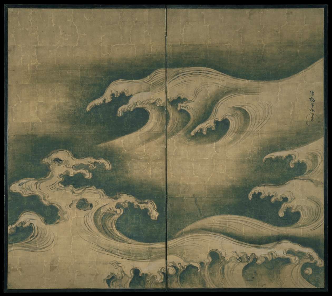 Rough Waves, foldeskærm med to paneler, ca.1704-9 (blæk, farve og bladguld på papir) af Ogata Korin