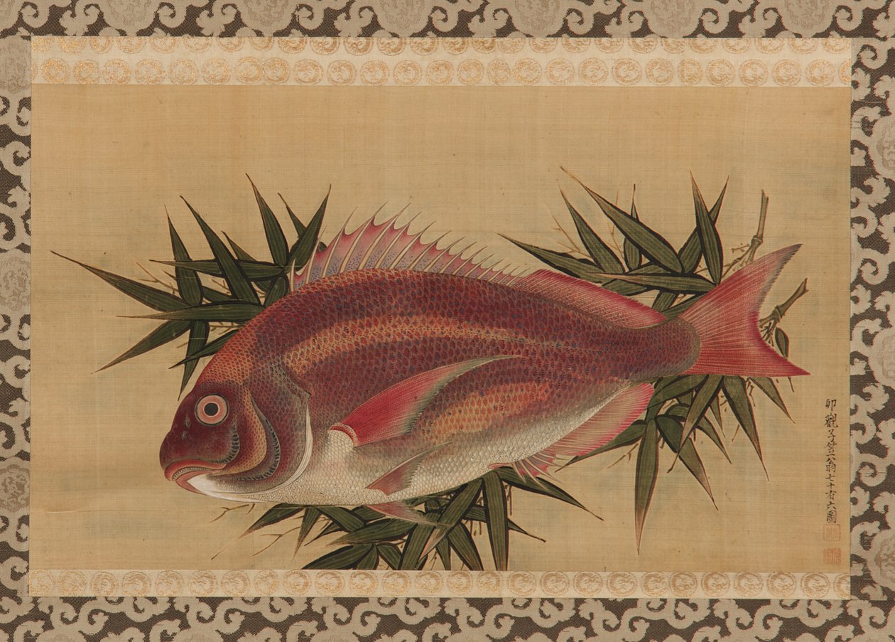 Rødbrasen (Tai) på bambusblade, hængende rulle, 1700-tallet (farve på silke) af Ogawa Ritsuo Ogawa Ritsuo