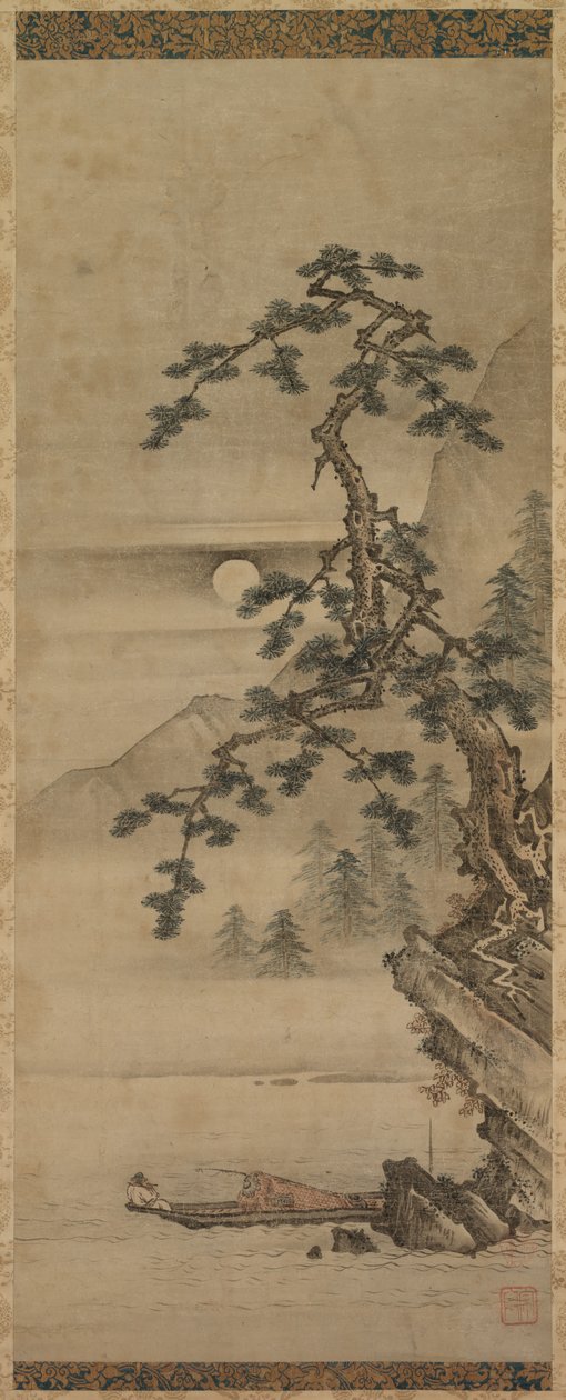 Månebelyst landskab af fyrretræ med gammel mand i båd, Muromachi-perioden, 1392-1573. af Oguri Sotan