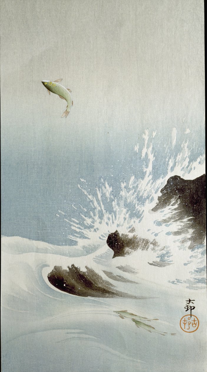 En fisk, der springer op af vandet, 1907 af Ohara Koson