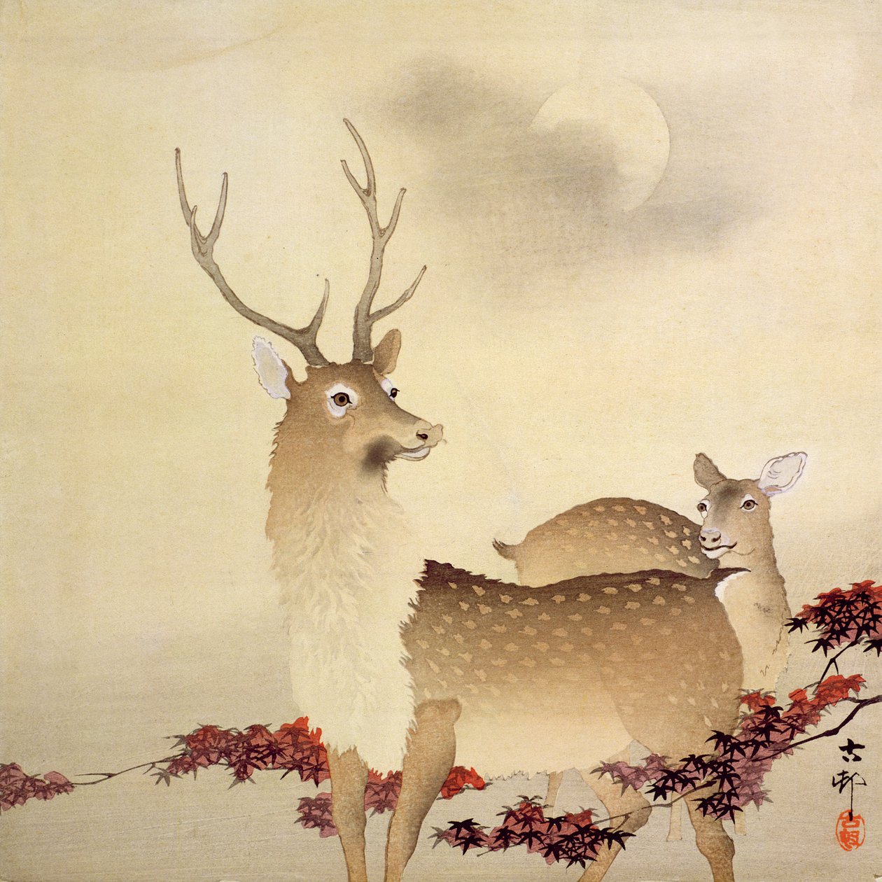 En kronhjort og dens unger under månen, ca. 1930 (træblok i farver) af Ohara Koson