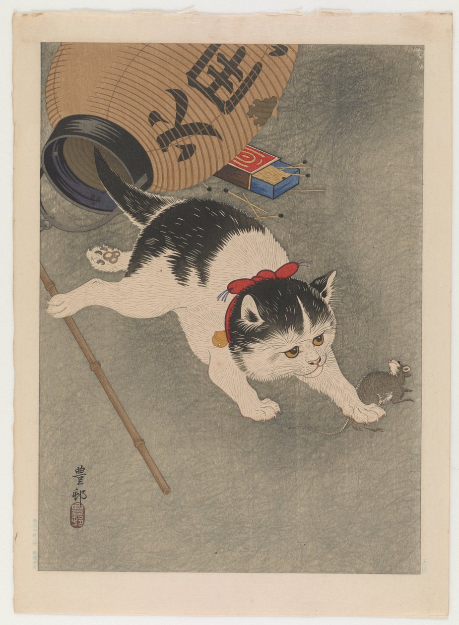 Kat og mus, ca. 1930 (træblok i farver) af Ohara Koson