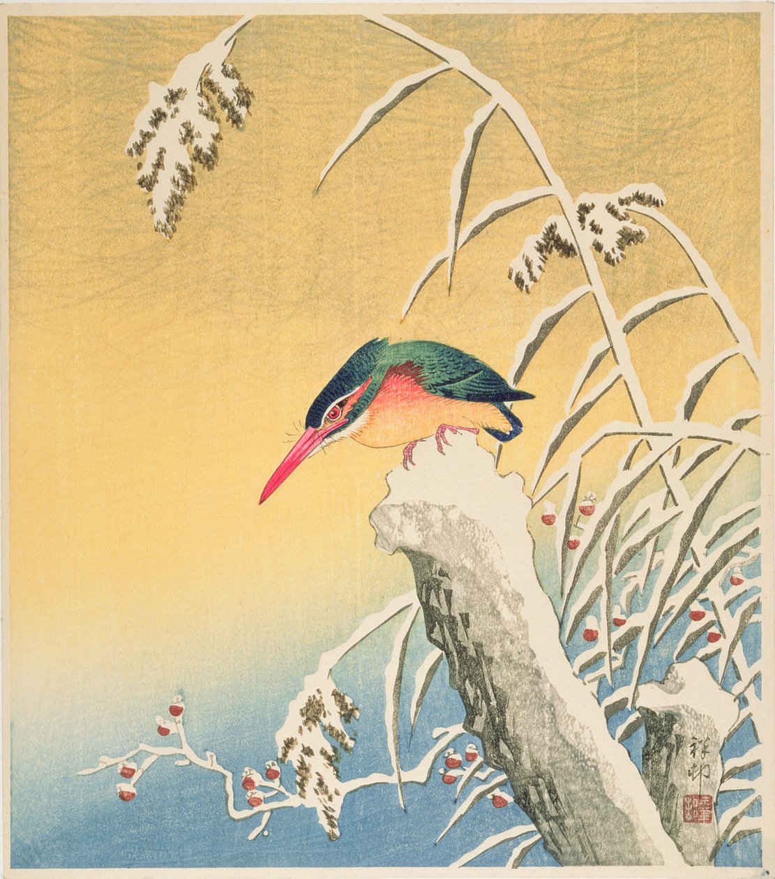 Isfugl i sneen, 1935 (farvetryk i træsnit) af Ohara Koson