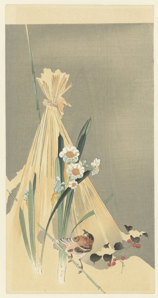 Sangfugl ved høbundt af Ohara Koson (attributed to)
