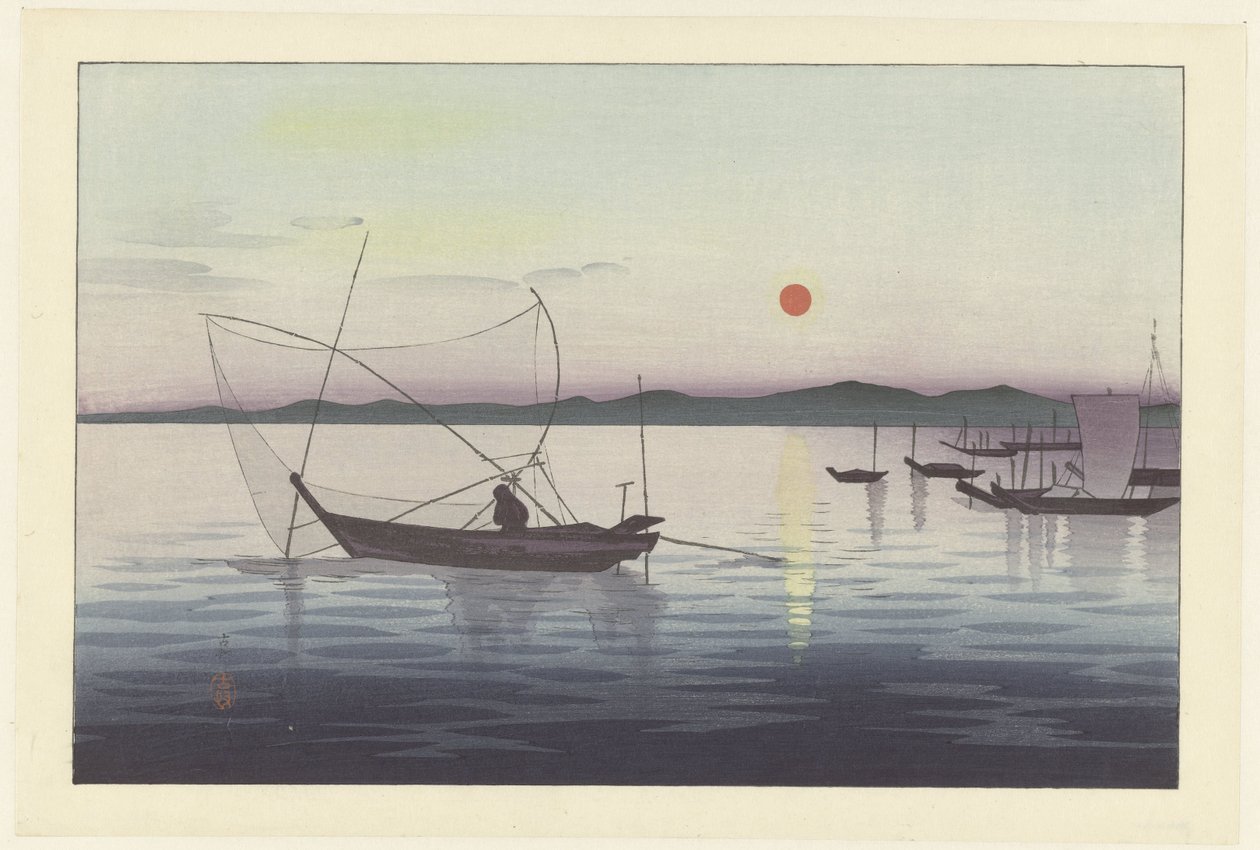 Både og solnedgang. af Ohara Koson