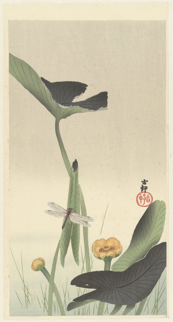 Sudenkorento ja lootuksenkukka, n. 1900-30 (värillinen puupiirros) af Ohara Koson