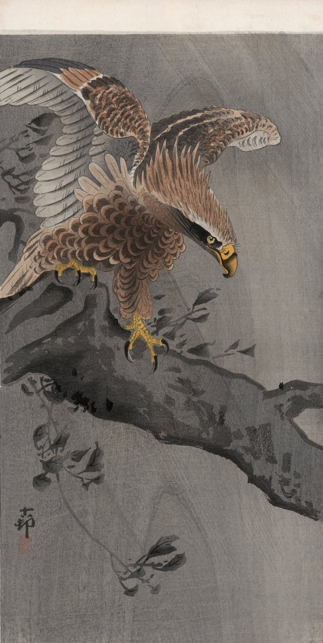 Ørn med spredte vinger på træstamme (farvet træbloktryk) af Ohara Koson