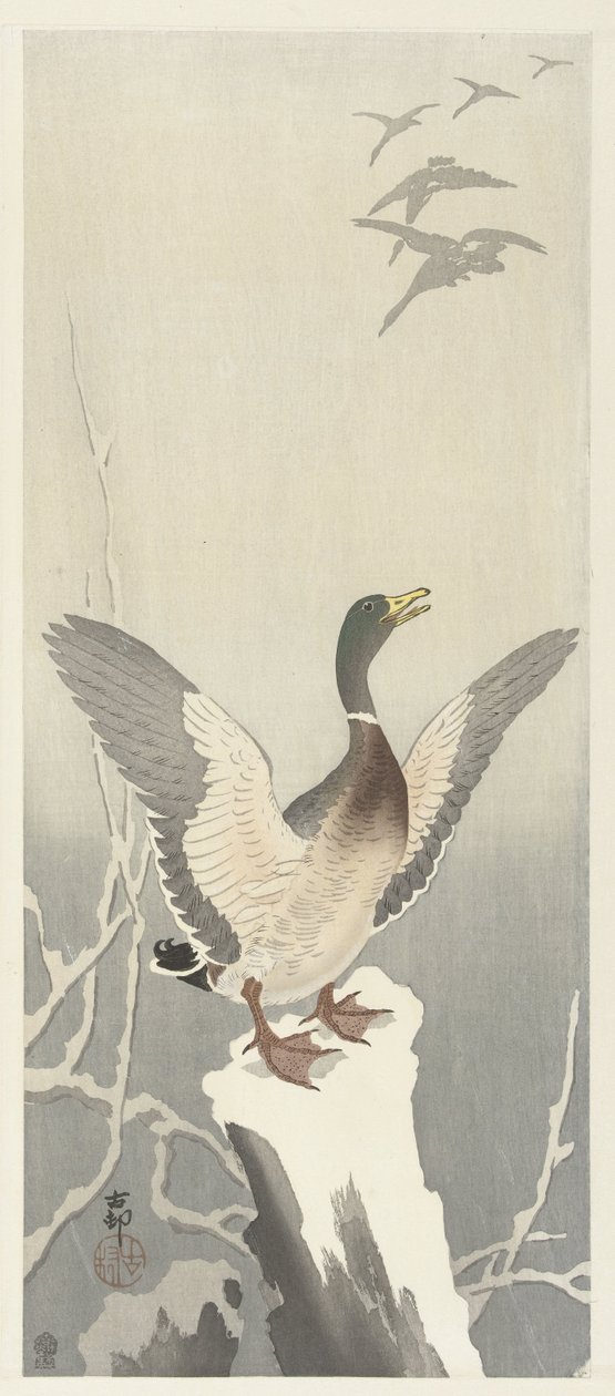And på snedækket træstub af Ohara Koson
