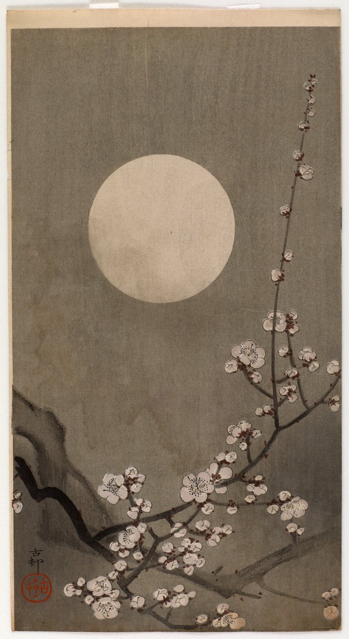Blomstrende blomme og måne (træbloktryk i farver) af Ohara Koson