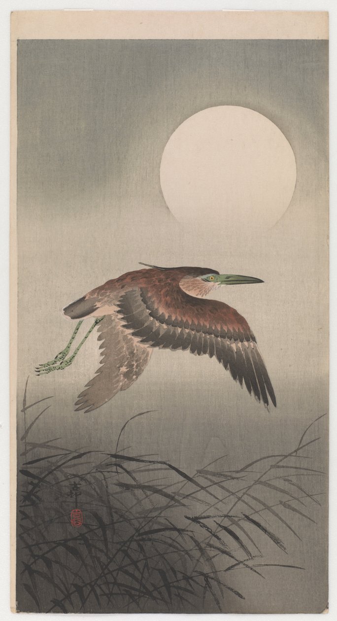 Flyvende hejre og fuldmåne (træbloktryk i farver) af Ohara Koson