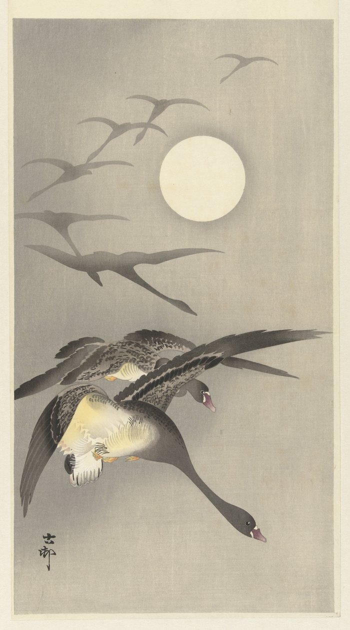 Gæs ved fuldmåne af Ohara Koson