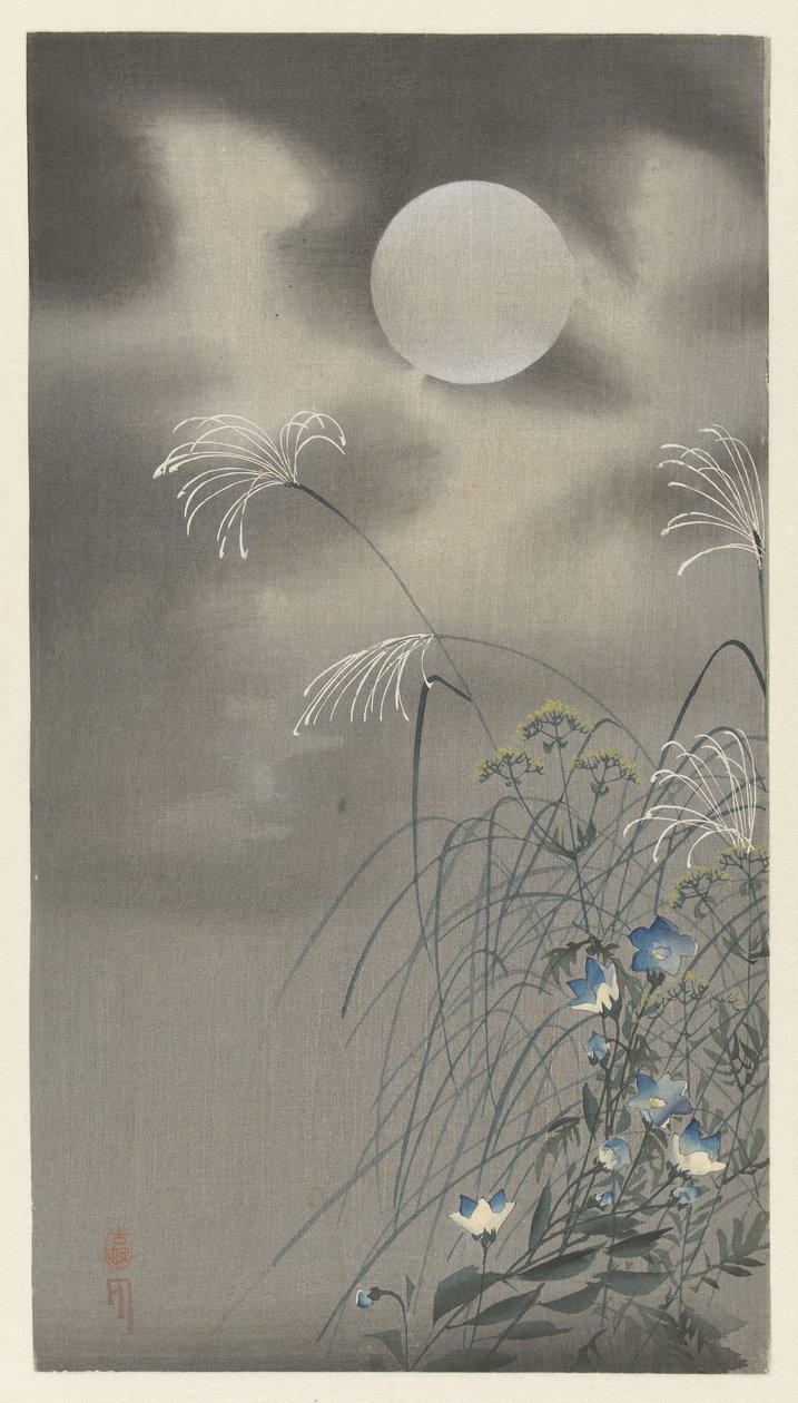 Græsser og blomster ved fuldmåne af Ohara Koson