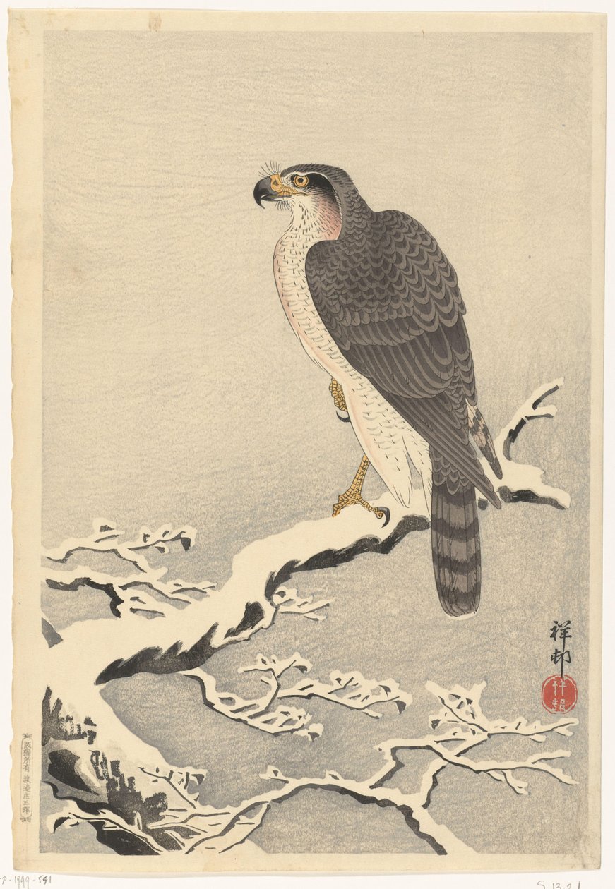 Høg på snedækket gren af ​​fyrretræ af Ohara Koson