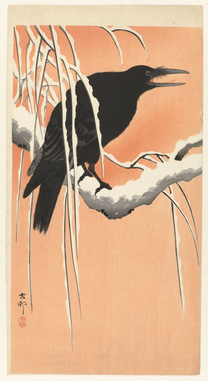 Krage på snedækket gren af Ohara Koson