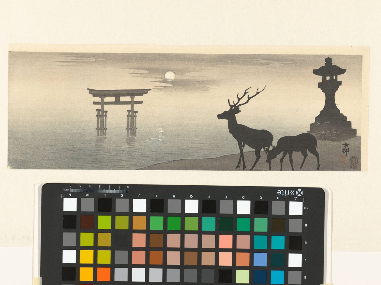 Landskab med torii og hjorte af Ohara Koson