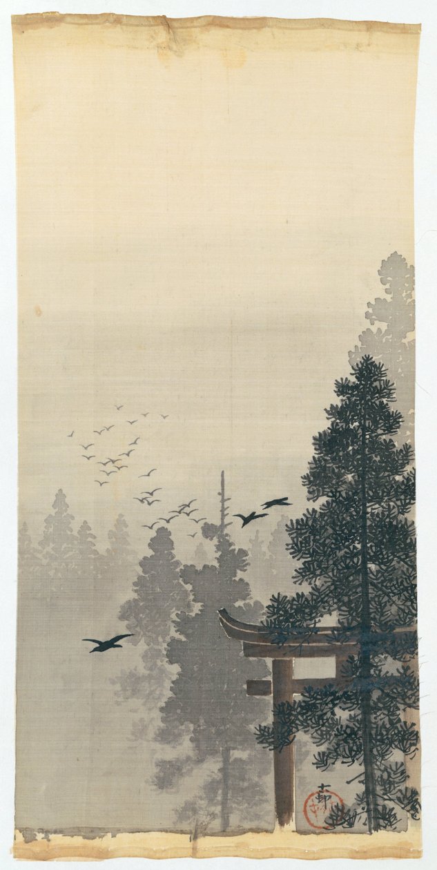 Landskab med flok fugle og torii af Ohara Koson