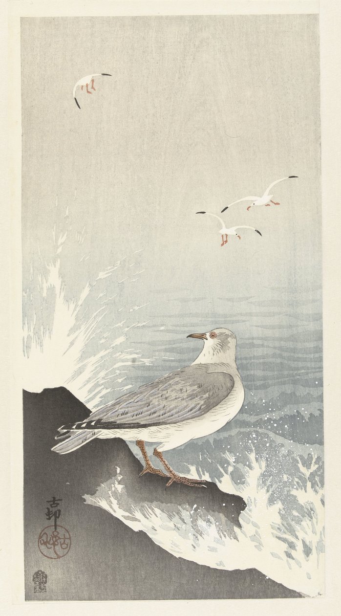 Måge på sten af Ohara Koson