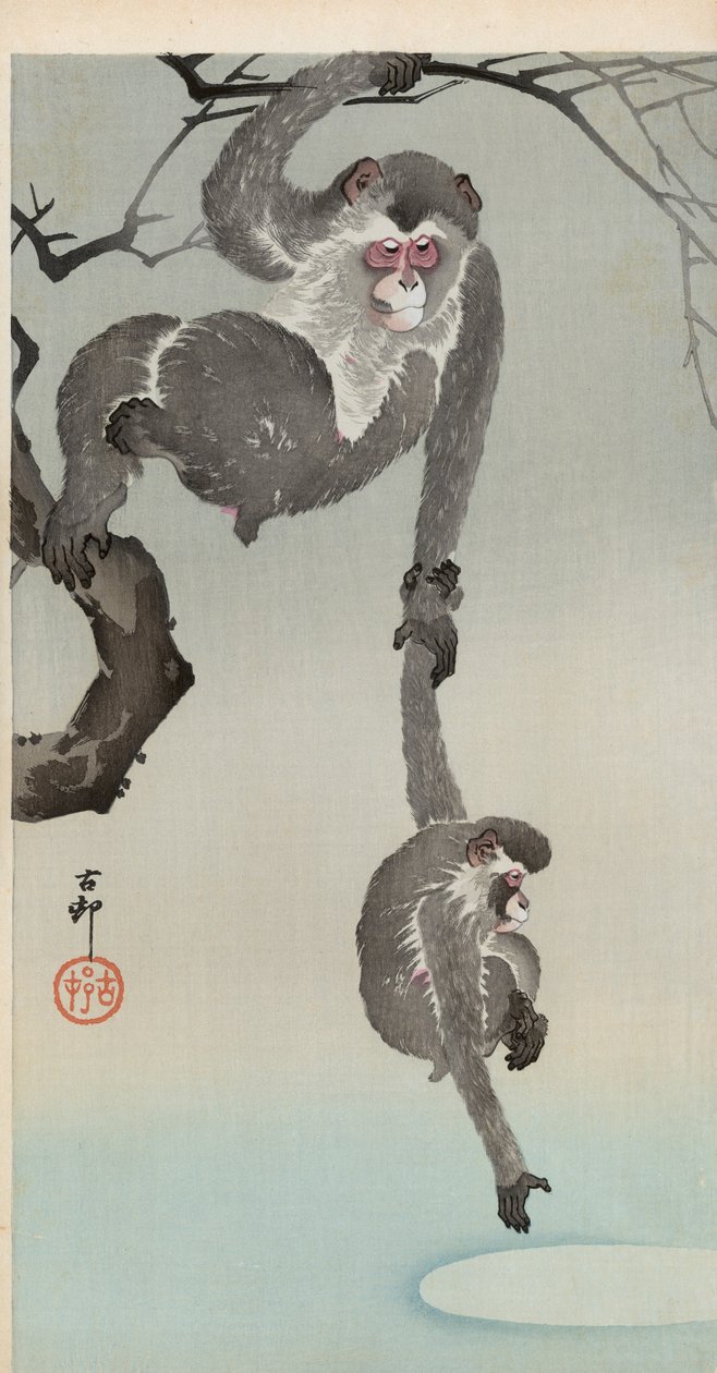Abe og baby rækker ud efter refleksionen af månen af Ohara Koson