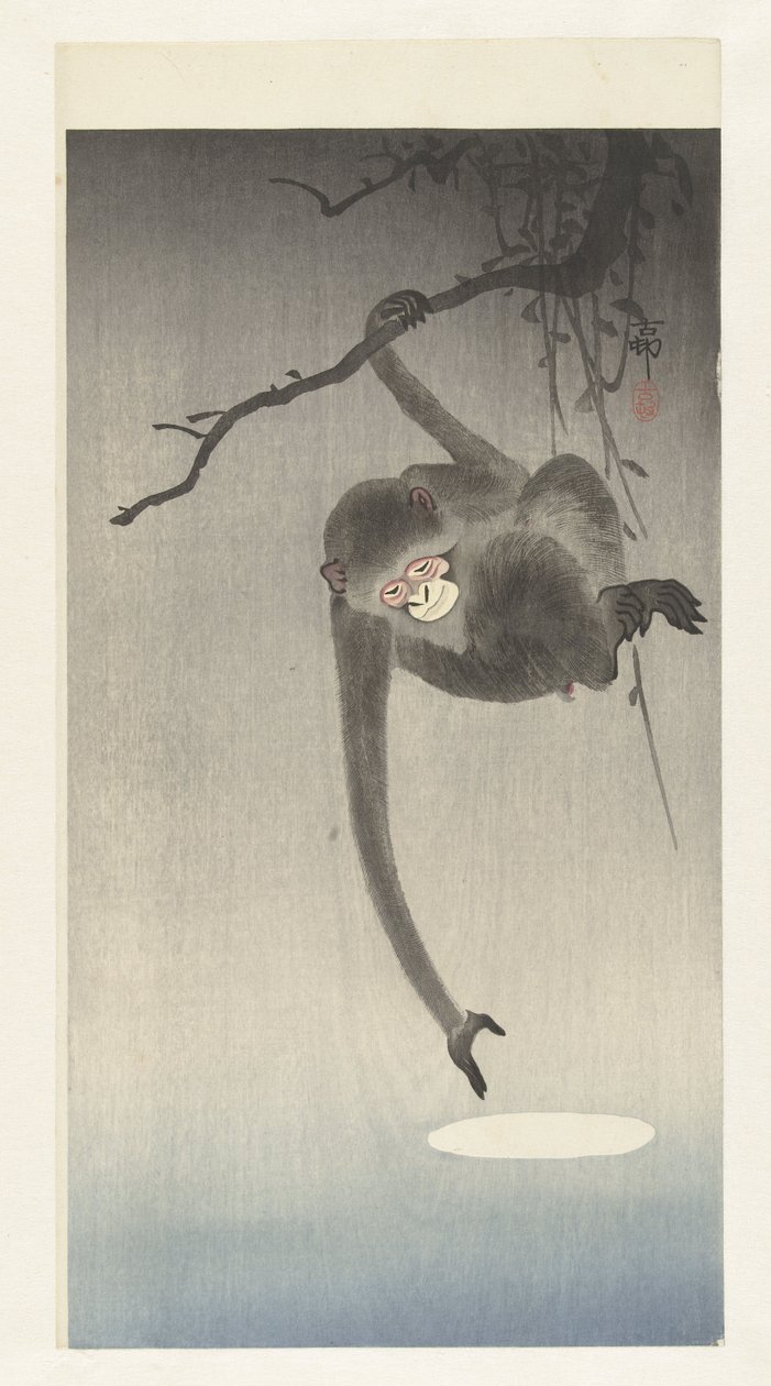 Abe rækker ud efter refleksion af månen af Ohara Koson