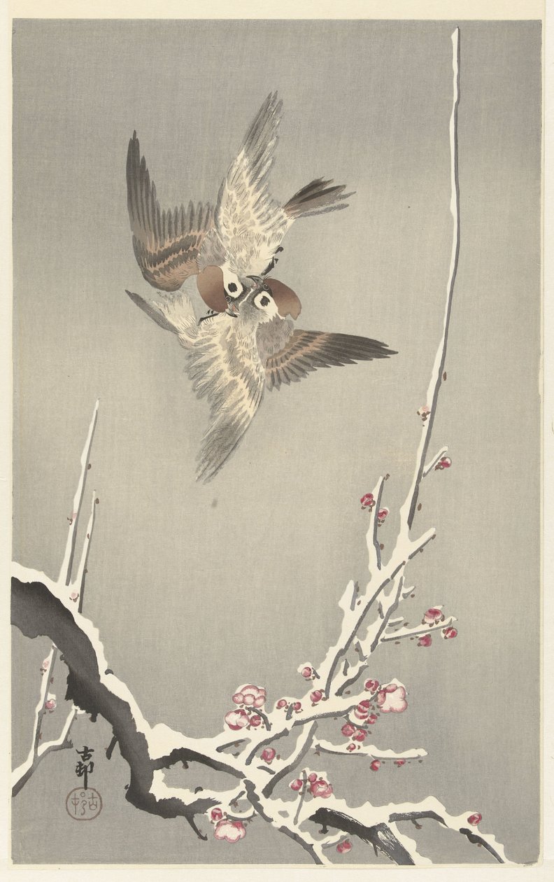 Spurve og snedækket blommetræ af Ohara Koson