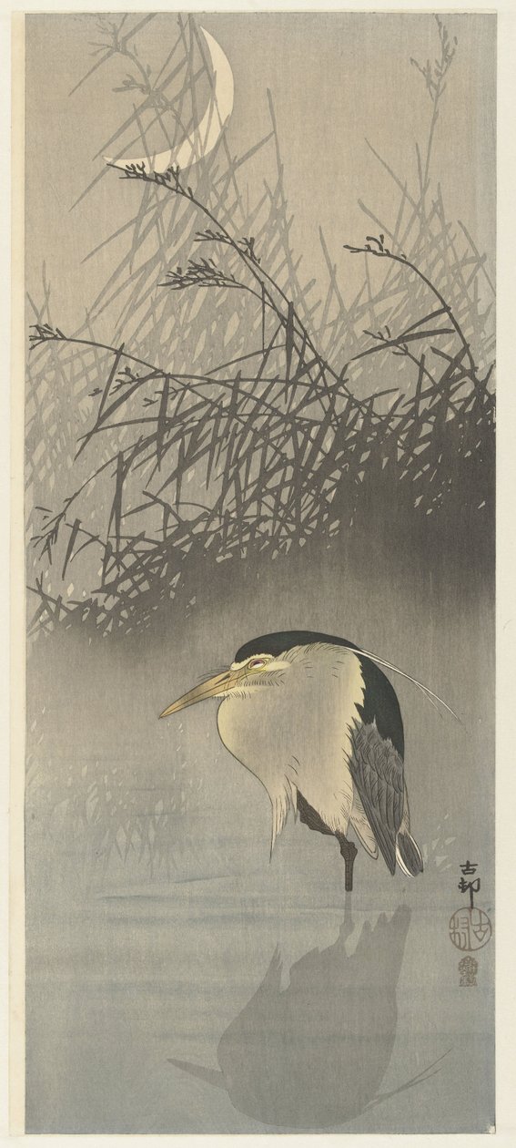 Hejre ved nymåne af Ohara Koson