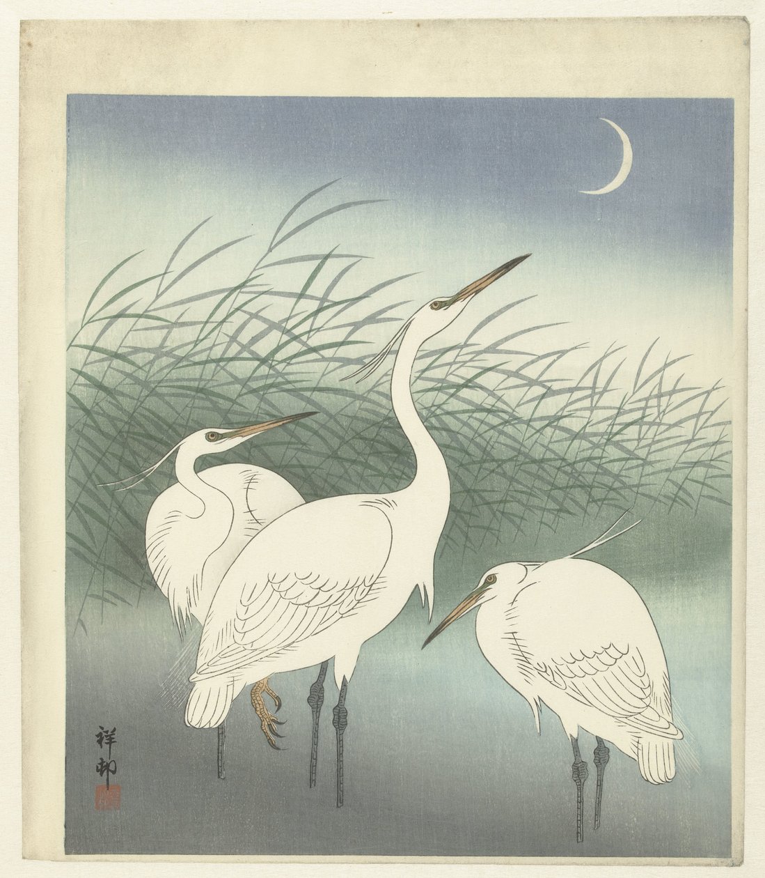 Hejrer på lavt vand af Ohara Koson