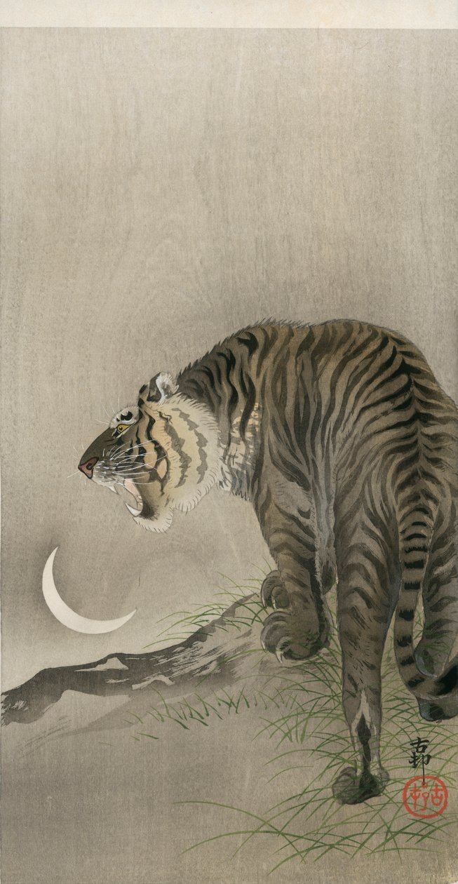 Brølende tiger og halvmåne af Ohara Koson