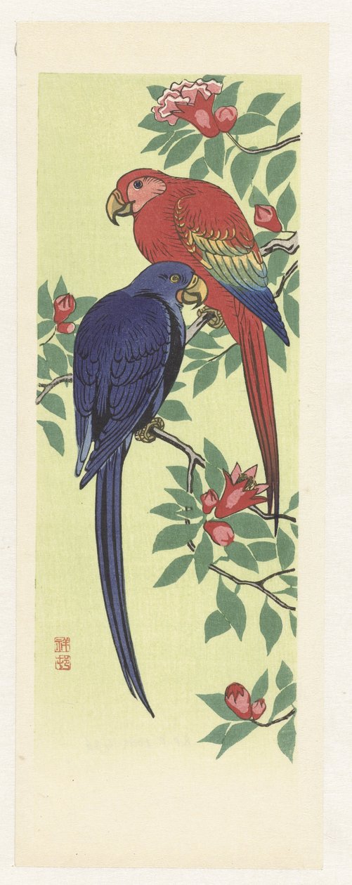 Rød og en blå papegøje af Ohara Koson