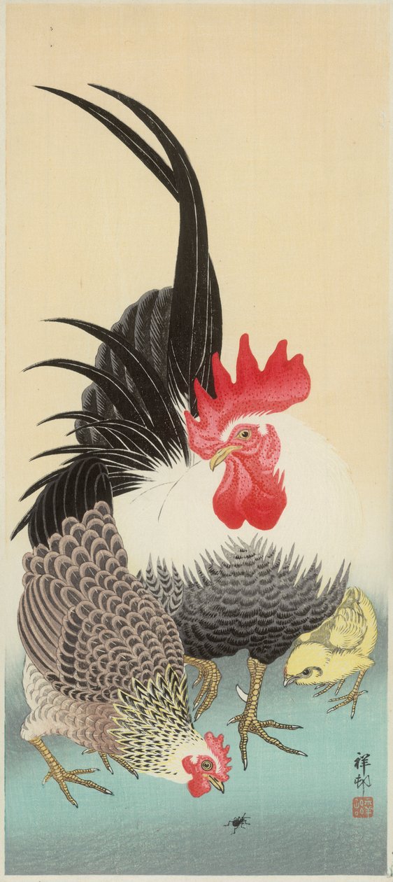Hane, høne og kylling med myre (farvet træbloktryk) af Ohara Koson