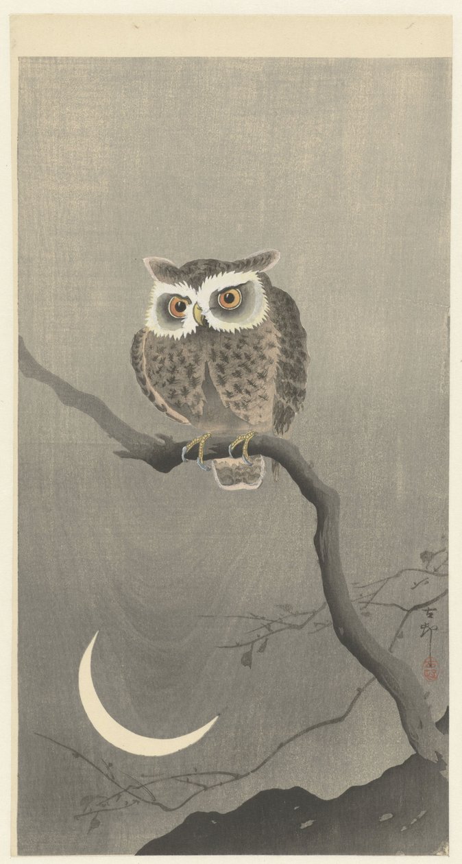 Scops pöllö oksalla puolikuun kanssa af Ohara Koson