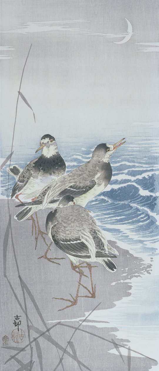 Tre sandpiper ved vandet foran siv (farvet træbloktryk) af Ohara Koson