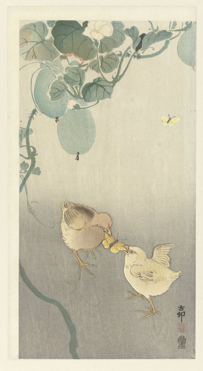 To unger kæmper om en sommerfugl af Ohara Koson