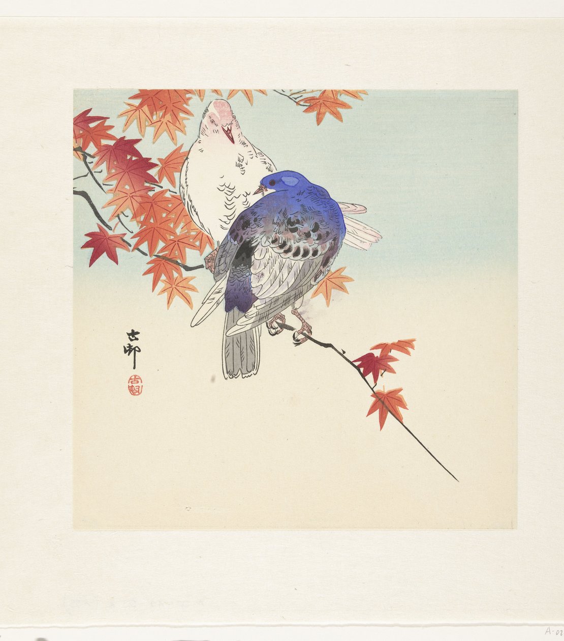 To duer på en gren med efterårsblade af Ohara Koson