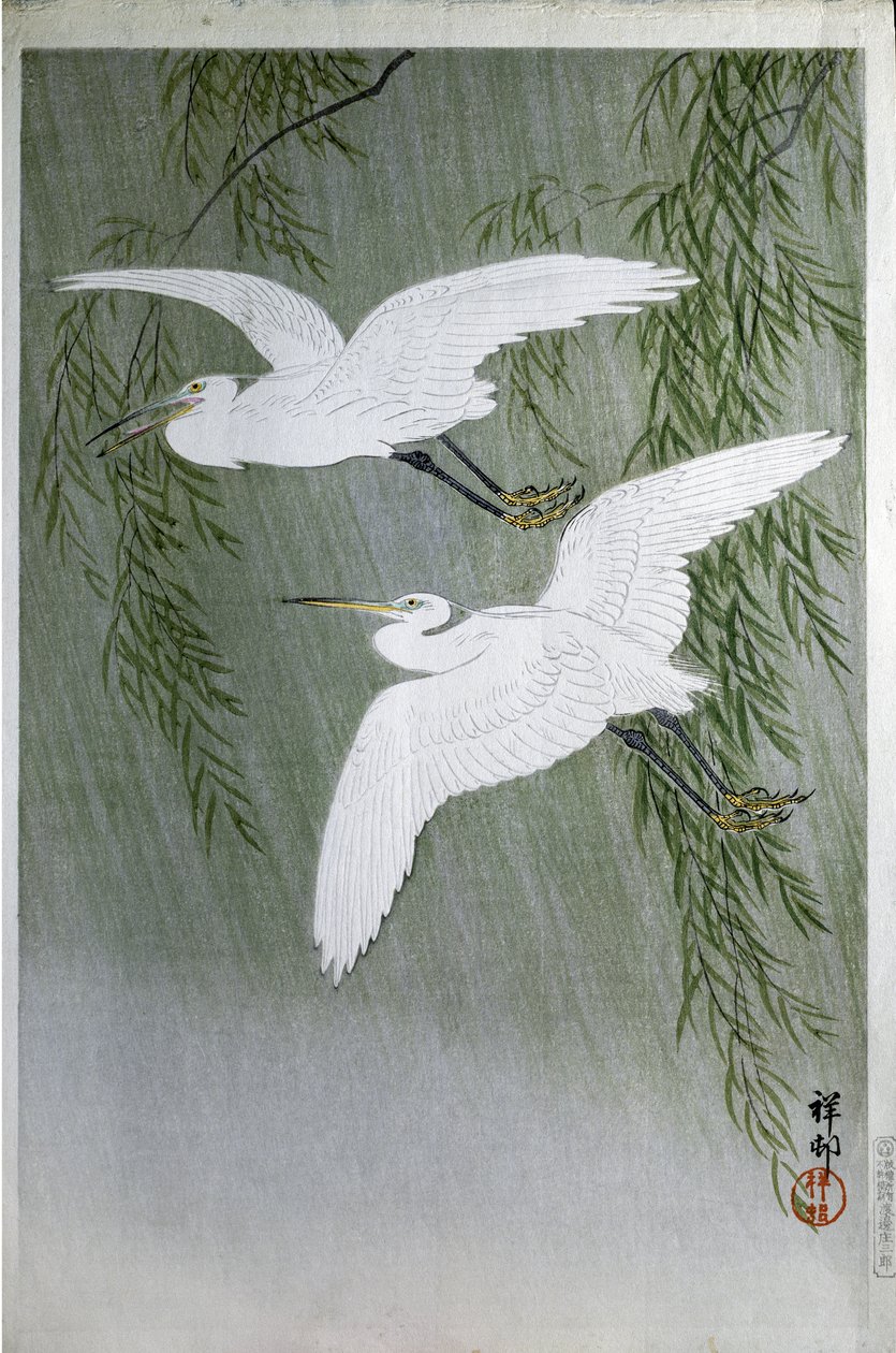 To hejrer flyver frit, 1907 (farvetræsnit) af Ohara Koson
