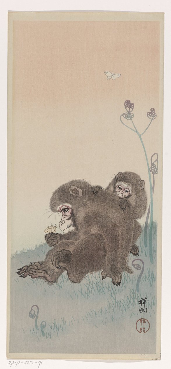To aber med en sommerfugl, ca. 1900-45 (farvetræsnit) af Ohara Koson